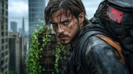 A post-apocalyptic nomad scavenging for supplies in a crumbling skyscraper with vines in the background.