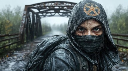 A post-apocalyptic survivor hiding in the shadows with a crumbling bridge in the background.