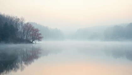 Fototapeta premium Serene lake at dawn with mist, tree reflections, and a cherry blossom under soft light.