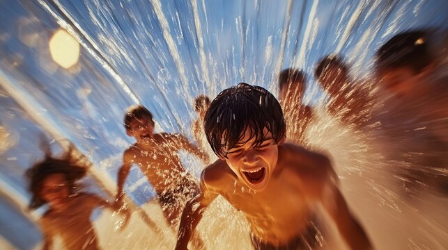Children having fun splashing water together.