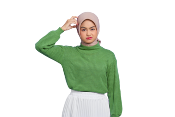 Beautiful young Asian woman in green sweater confused about a question, thinking with hand on head isolated on transparent background