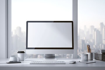 Fototapeta premium Modern Desk Setup: Clean Workspace, Productivity, Efficiency, Organization, Design, Aesthetics, Minimalist, Technology, Comfort