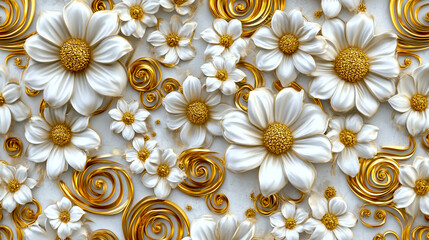 3D wallpaper with beautiful white and gold flowers