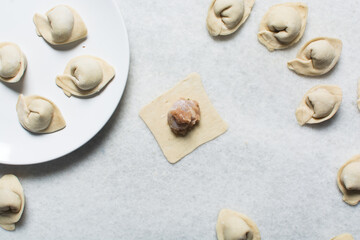 Overhead view of raw homemade wontons on a white countertop, top view of chicken dumplings on white background, process of making dumplings