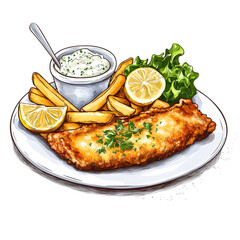 Delicious fish and chips with tartar sauce lemon wedges and fresh lettuce on a white plate dish on transparent background
