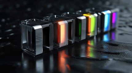 A line of illuminated glass cubes with a spectrum of colors reflected on a wet, dark floor.
