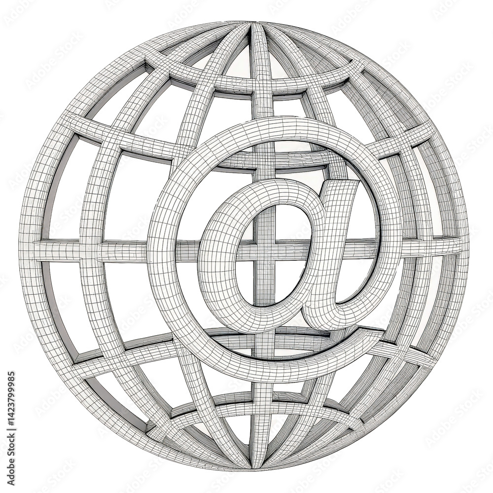 Poster wireframe globe with at symbol represents global internet connectivity and communication. design is intricate, showcasing networked world concept, emphasizing digital interaction
