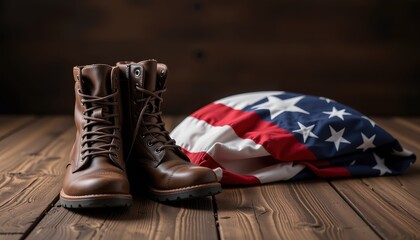 Editorial style image of soldier boots beside folded flag on wooden surface memorial concept with moody lighting powerful message