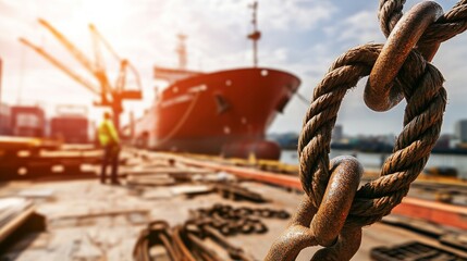 Close-up of safety rope and carabiner on a construction site under natural daylight, with a docked ship and blurred worker in background, emphasizing industrial protection and marine engineering.