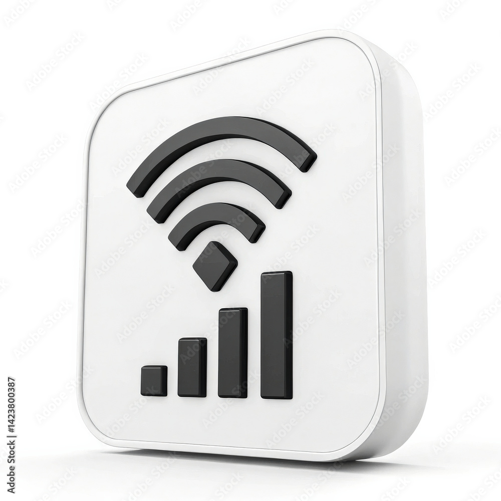 Poster 3d icon of wi fi signal with modern, minimal style on white background, featuring black signal bars 