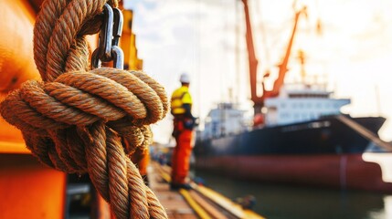 Obraz premium Close-up of safety rope and carabiner on a construction site under natural daylight, with a docked ship and blurred worker in background, emphasizing industrial protection and marine engineering.