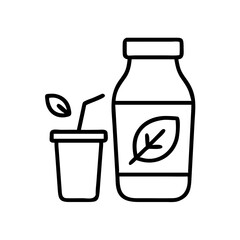 Organic juice bottle and cup with straw and leaf logo fresh drink healthy beverage vector icon design