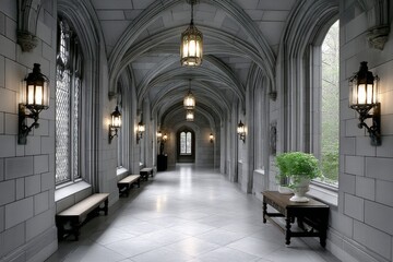Fototapeta premium Gothic hall of honor with torches and ancient stone statues