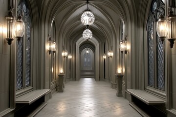 Obraz premium Gothic hall of honor with torches and ancient stone statues