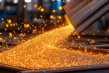 Molten metal pours from a chute, glowing embers and sparks fly