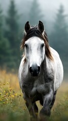 Fototapeta premium Majestic gray horse walking through a misty field surrounded by wildflowers at dawn