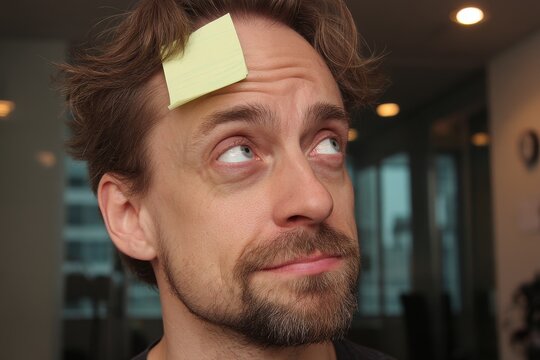 Sticky note stuck on forehead during work distraction comedic office mishap candid style