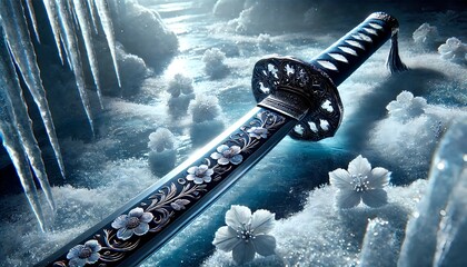 氷上に輝く花模様の刀｜Floral Katana on Icy Surface