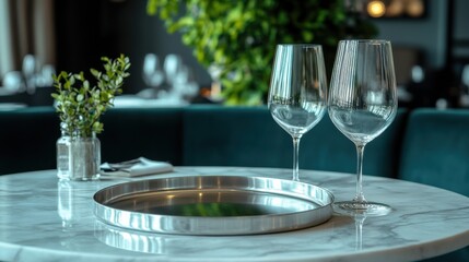 Fototapeta premium Minimalist restaurant interior with an empty round tray on a marble table, elegant decor, no people
