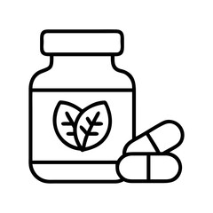 Outline herbal medicine bottle with leaf logo and pills illustration for healthcare concept art