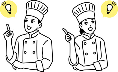 指を立ててひらめいている男女の料理人