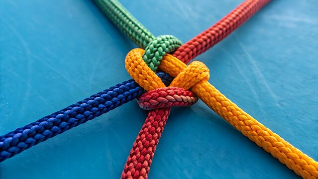 Close-up of five colorful ropes tied in a strong knot on blue surface. Studio macro shot. Teamwork and strength concept for banner, poster, print.