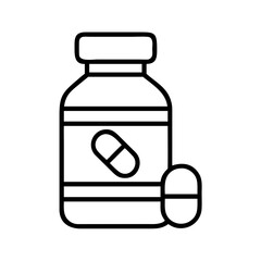 Outline medicine bottle with capsule, healthcare, pharmaceutical product, medical treatment, remedy, drug, pill