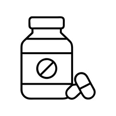 Outline medicine bottle with pills vector, healthcare, pharmacy, medication, treatment, drug, capsule, remedy