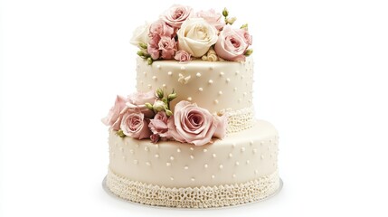wedding cake with rose decoration on white background