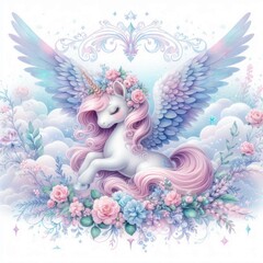 Obraz premium Cute watercolor purple and pink magical unicorn with pastel flowers