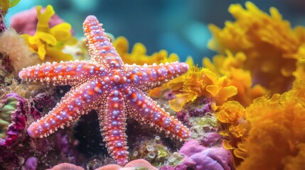 Vibrant starfish on coral reef, underwater ocean scene