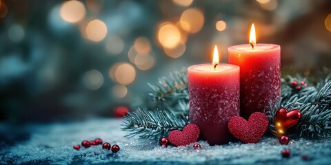 Red candles lit on a snowy table surrounded by festive decorations and hearts in a warm atmosphere