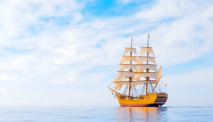 Golden sailing ship on calm ocean under a bright sky