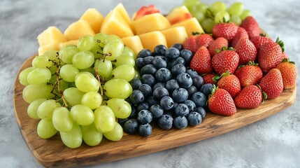 A wooden platter of assorted fresh fruits