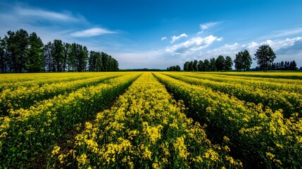 Obraz premium Vast field of blooming canola flowers under a vibrant summer sky.
