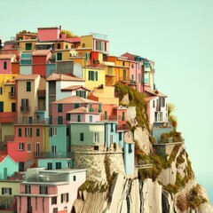 Fototapeta premium Vibrant hillside town, colorful houses clinging to a cliff