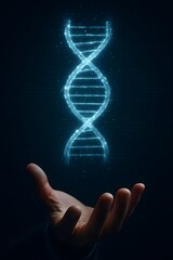 Naklejka premium A blue glowing DNA helix above a hand. Represents genetics, biology, DNA research, biotechnology, medical science, innovation, and futuristic gene analysis.