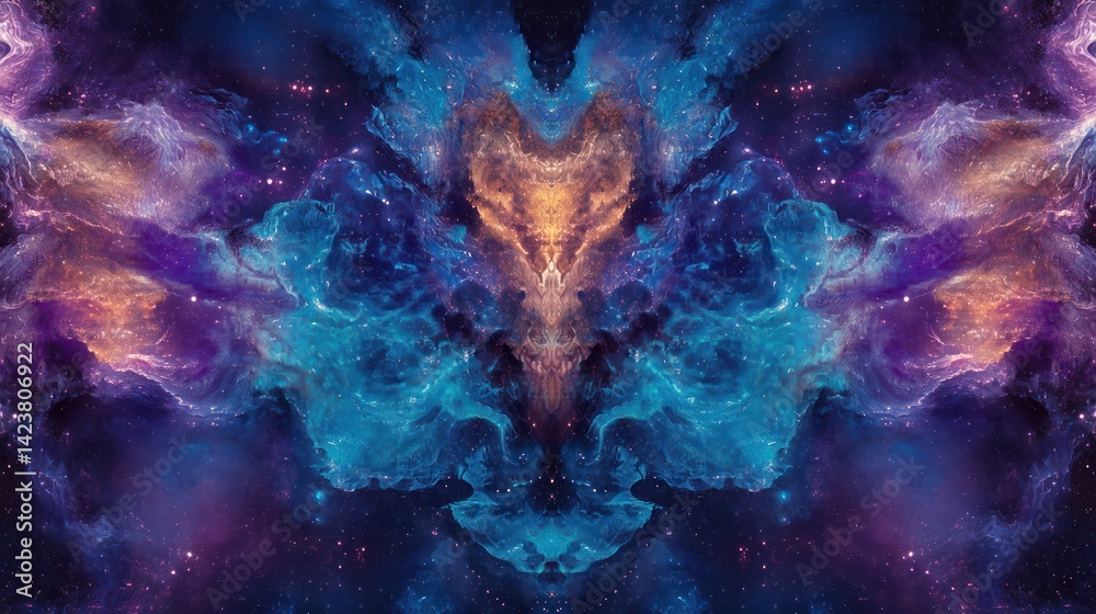 Wall mural symmetrical depiction of swirling colorful cosmic clouds and stellar objects