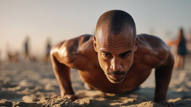 Muscular man engages in push-up exercise on a sandy beach with the warm glow of sunset in the background. Bystanders watch as he trains, embodying dedication to fitness and well-being.