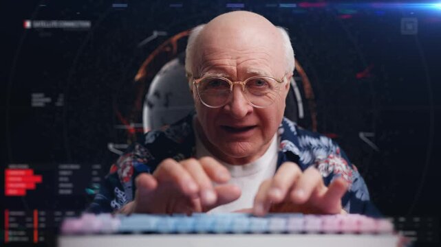 Senior man hacker hijacking satellite, international espionage and cybercrime
