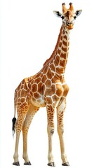 Obraz premium Giraffe stands elegantly in a serene environment showcasing its distinct patterns and tall grace during daylight hours