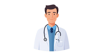 Fototapeta premium A smiling young doctor in a white coat confidently stands with a stethoscope, embodying professional medical care