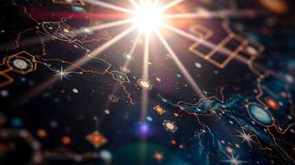 Futuristic Star Map with Glowing Cosmic Grid and Digital Universe Overlay