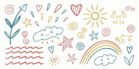 Colorful Doodle Elements with Sun and Lightning Motifs

