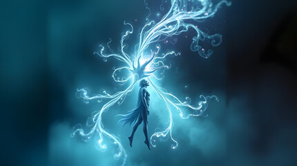 Surreal Cosmic Goddess with Glowing Hair in Futuristic Fantasy Realm