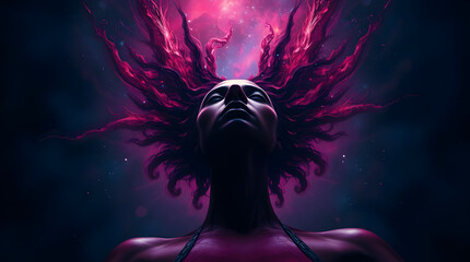 Surreal Cosmic Goddess with Glowing Hair in Futuristic Fantasy Realm