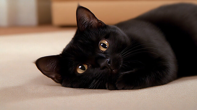 Adorable black cat lying on beige surface, gazing intently
