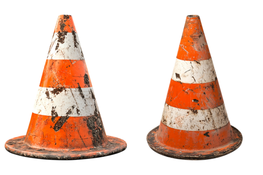 A single, old, and weathered orange traffic cone with white stripes is shown against, isolated on fully transparent png background