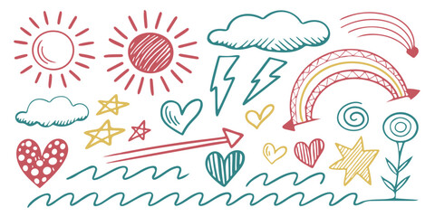Colorful Doodle Elements with Sun and Lightning Motifs

