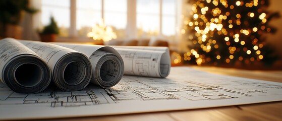 Rolled blueprints rest on a spread design, a festive, out-of-focus Christmas tree in the background